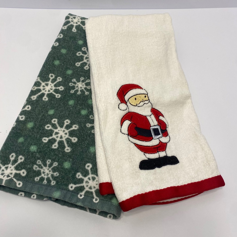 St Nicholas Square Christmas Hand Towel‎ Set 2pc Green White Santa Snowflakes